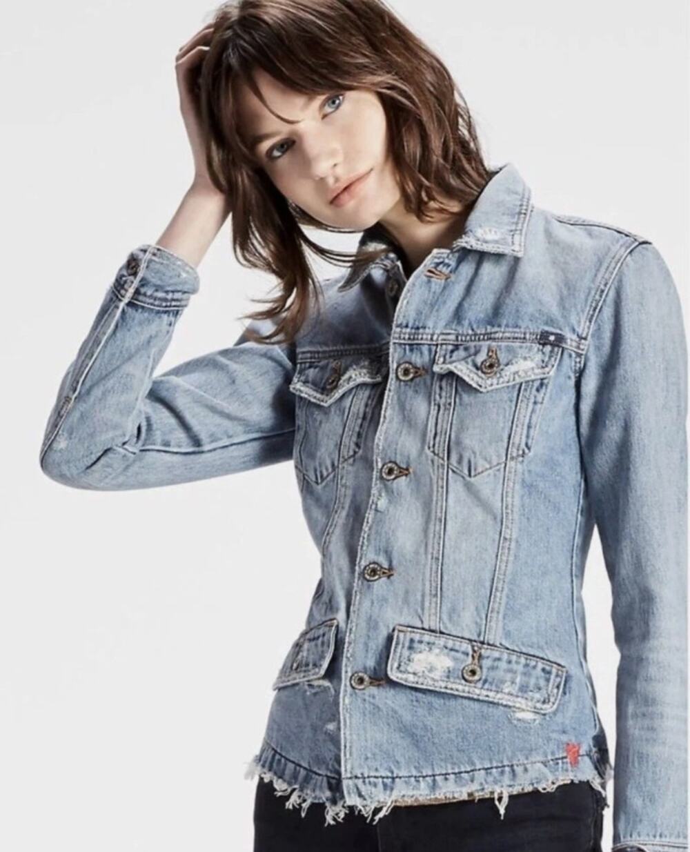 Lucky Brand Fitted Denim Jacket Distressed Raw Hem Size 4